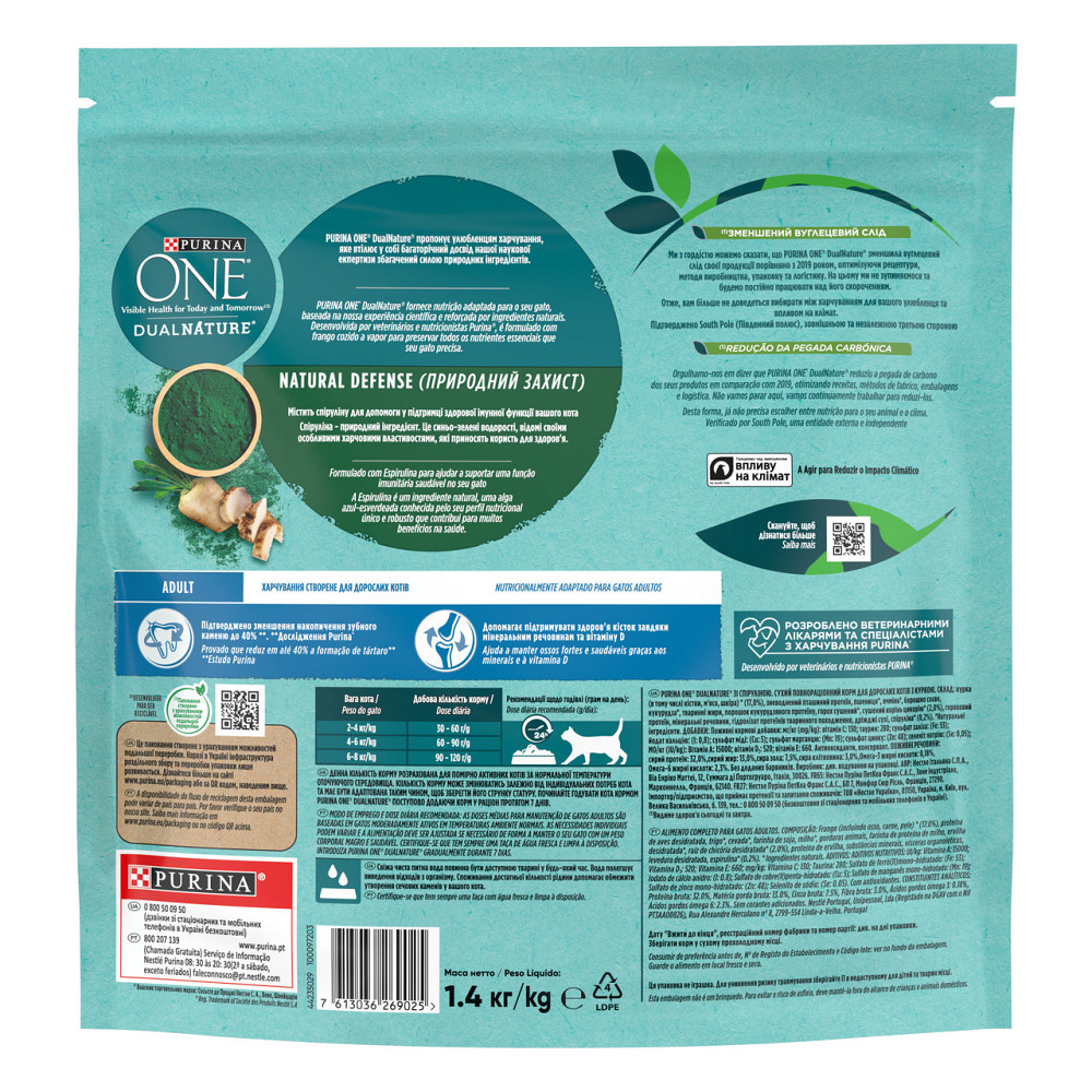 Сухой корм PURINA ONE Adult Dual Nature Spirulina для взрослых кошек с курицей 1.4 кг Киев - изображение 2