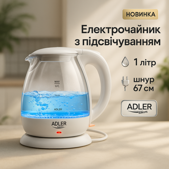 Электрочайник прозрачный с подсветкой стекло ADLER AD 1283g 1100Вт 1л, Красивый чайник с подсветкой SG-40 Львов