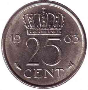 Монета 25 центов. 1963 год, Нидерланды. Полтава