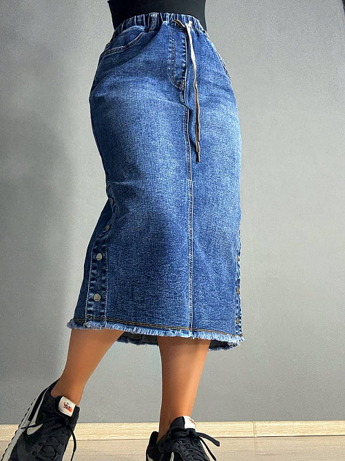 Спідниця жіноча джинсова ZJY 8039 талія на резинці з боковими розрізами синя, синій, 4О, 40, 109 см, Одеса - фото 1