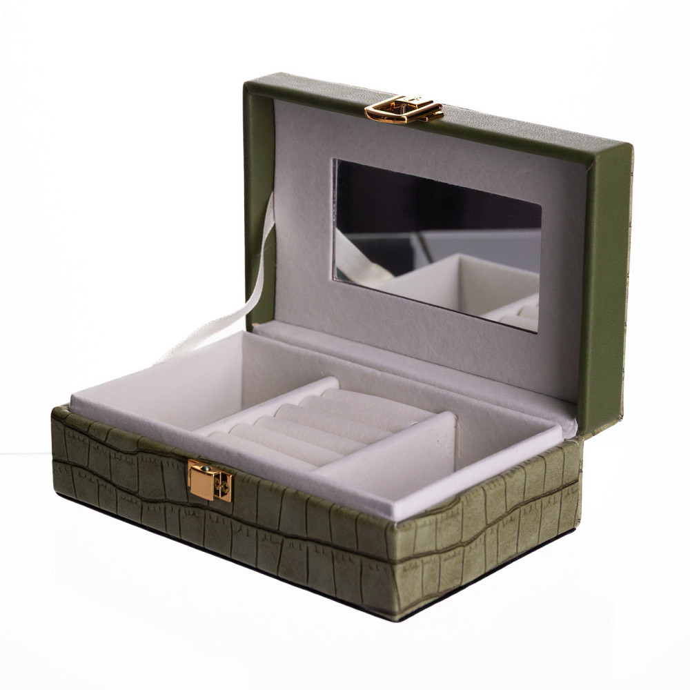 Скринька для прикрас з еко шкіри 3 відділення з дзеркалом 16×10×6 см Зелений HP-5-18GR Київ - фото 3
