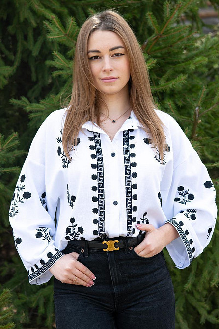 Жіноча сорочка з вишивкою, вишиванка з довгим рукавом біла лляна  топ Київ - фото 1