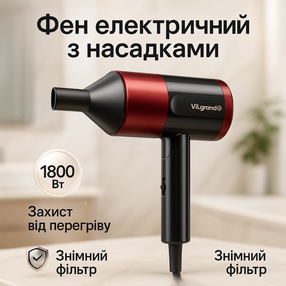 Хороший фен для дома ViLgrand VHD-1815FI 1800Вт, Фен с режимом ионизации для волос с ионизацией WF-83 Львов - изображение 5
