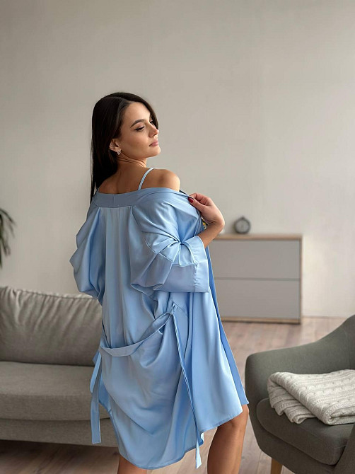 Халат жіночий шовковий під пояс довжина 90см Блакитний 3XL/4XL Харків - фото 4