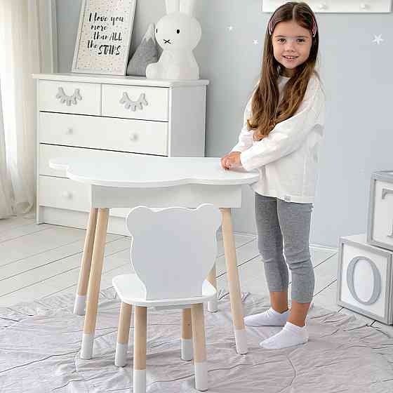 Столик хмаринка з нішею для речей 54х68х50 і стільчик спинка в формі медведика 26х26х24, стіл та стілець в дитячу кімнату, білий Київ