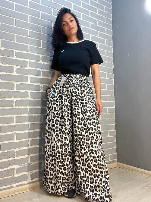 Брюки жіночі New collection 83474 талія на резинці палаццо широкі леопардовий принт 48 коричневі, коричневий, 48 Київ - фото 1