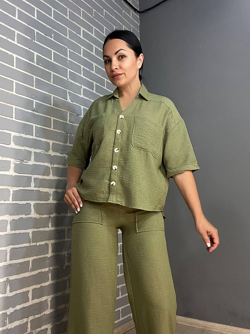 Костюм женский Mix Ray 4157 рубашка оверсайз брюки с разрезами по бокам ровные от бедра хаки, хаки, S Киев - изображение 7