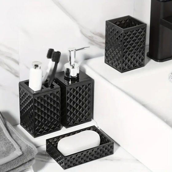 Набор аксессуаров 4в1 для ванной и душа, дозатор для мыла, мыльница, стаканы,материал акрил стаканы,черный Каменец-Подольский