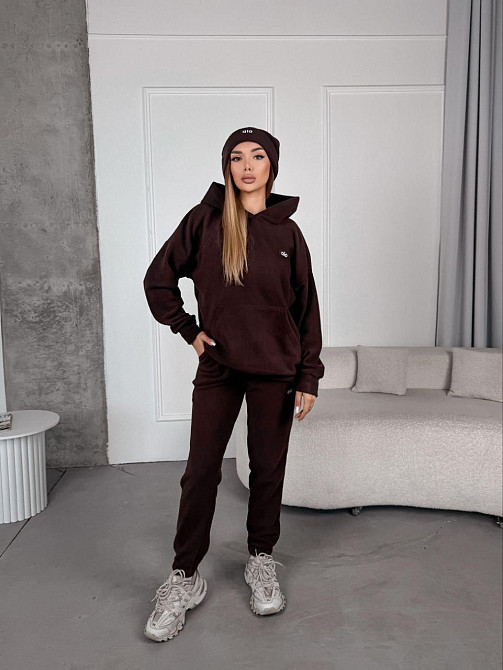 Женский стильный теплый костюм из флиса полар с шапкой Шоколад, 50/52 Одесса - изображение 2