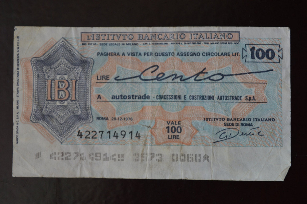 Чек. Италия 100 Лир 1976год (ЧК-1) ЛОТ 28 Полтава - изображение 1