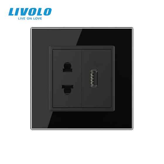 LIVOLO Розетка універсальна з USB розеткою Livolo чорний скло (VL-C7C1AUSB-12) Коломия