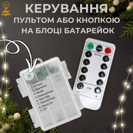 Гірлянда з живленням від акумулятора Niki Light 10 метрів 100 лід пульт дистанційного керування 8 режимів, гірлянда від батарейок і USB Multicolor Київ