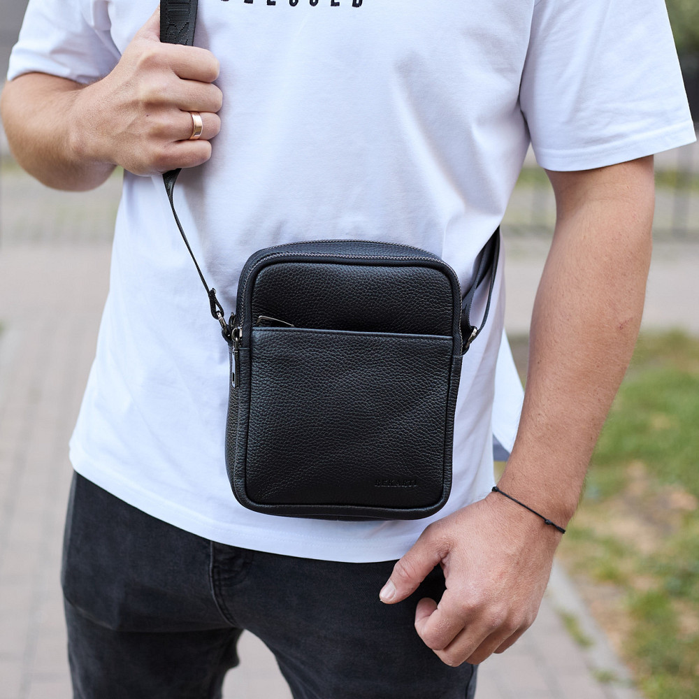 Чоловіча барсетка через плече, чорна, зерниста шкіра Київ - фото 10