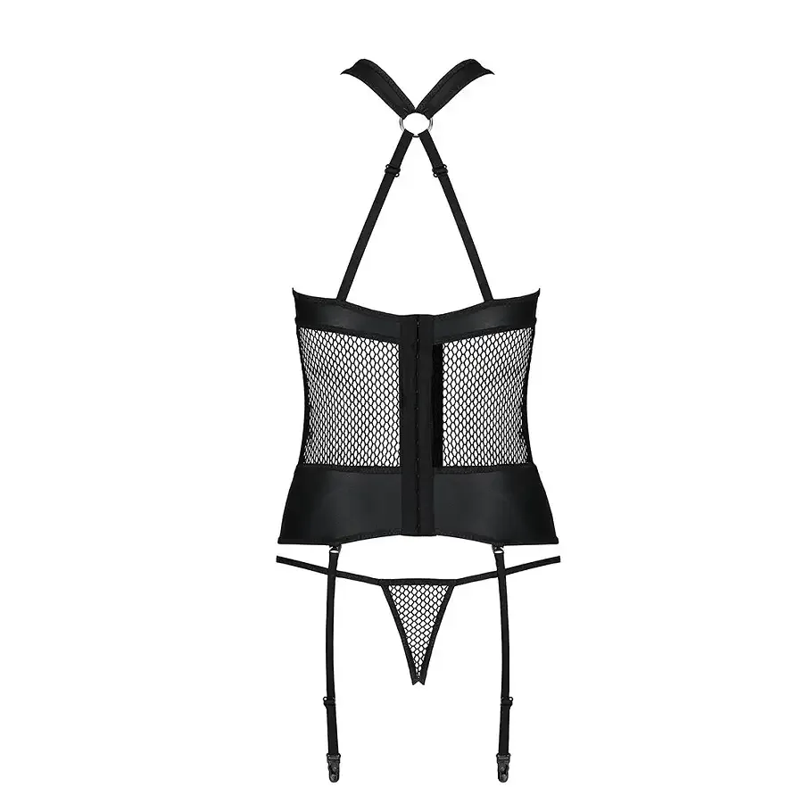 Сітчастий комплект корсет з халтером, зйомні підв'язки та трусики Passion AMANDA CORSET L/XL, black Львів - фото 6
