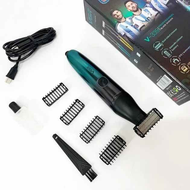 Бритва-тример для бороди та вусів VGR V-339 Green: водонепроникна IPX7, 4 насадки, USB, акумуляторна, зелена Одеса - фото 4