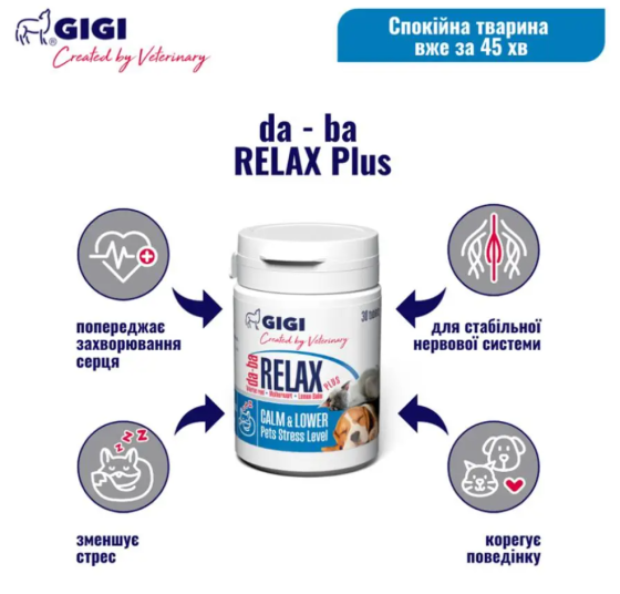 GIGI да-ба Релакс Плюс для профілактики стресу і стабилизації нервової системи кішок і собак, №30 таблеток Вінниця