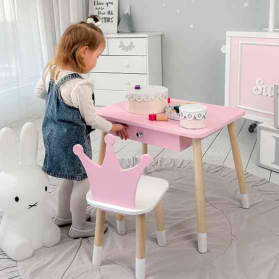 Детский столик и стульчик корона розовый. Столик с ящиком для карандашей и разукрашек Киев