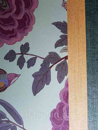 Шпалери флізелінові Decoprint екологічно чисті Daimon квіти листя гілки птиці рожеві сині на салатовому Київ