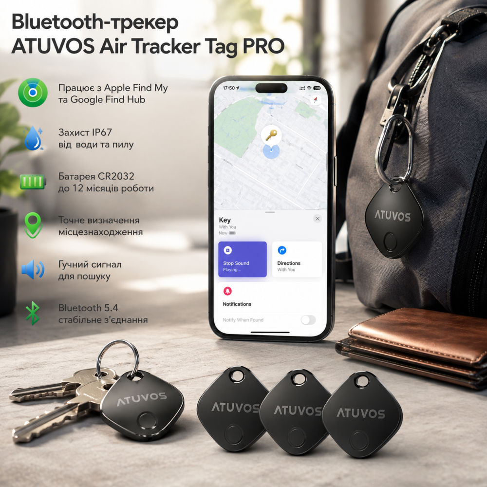 Bluetooth-трекер ATUVOS Air Tracker Tag PRO 4 шт., Apple Find My / Google Find Hub, IP67, CR2032, iOS/Android Киев - изображение 1