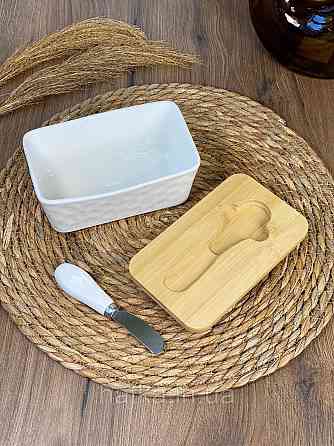 Сирниця керамічна з дерев'яною кришкою й ножем "White 2" 17*10.5*8 см Київ