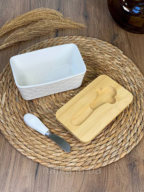 Сирниця керамічна з дерев'яною кришкою й ножем "White 2" 17*10.5*8 см Київ - фото 4