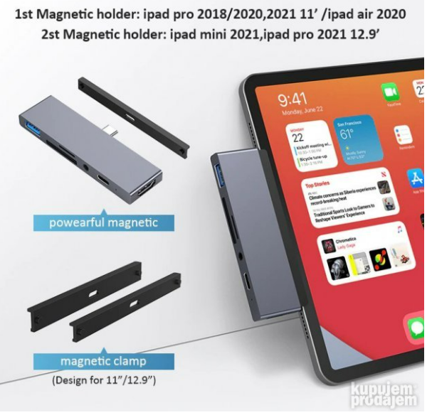 Концентратор USB-C Hub 6-в-1 для iPad Pro / Air: 4K HDMI, USB 3.0, PD 100Вт, SD, 3.5мм Aux — Магнітна док-станція Київ - фото 13