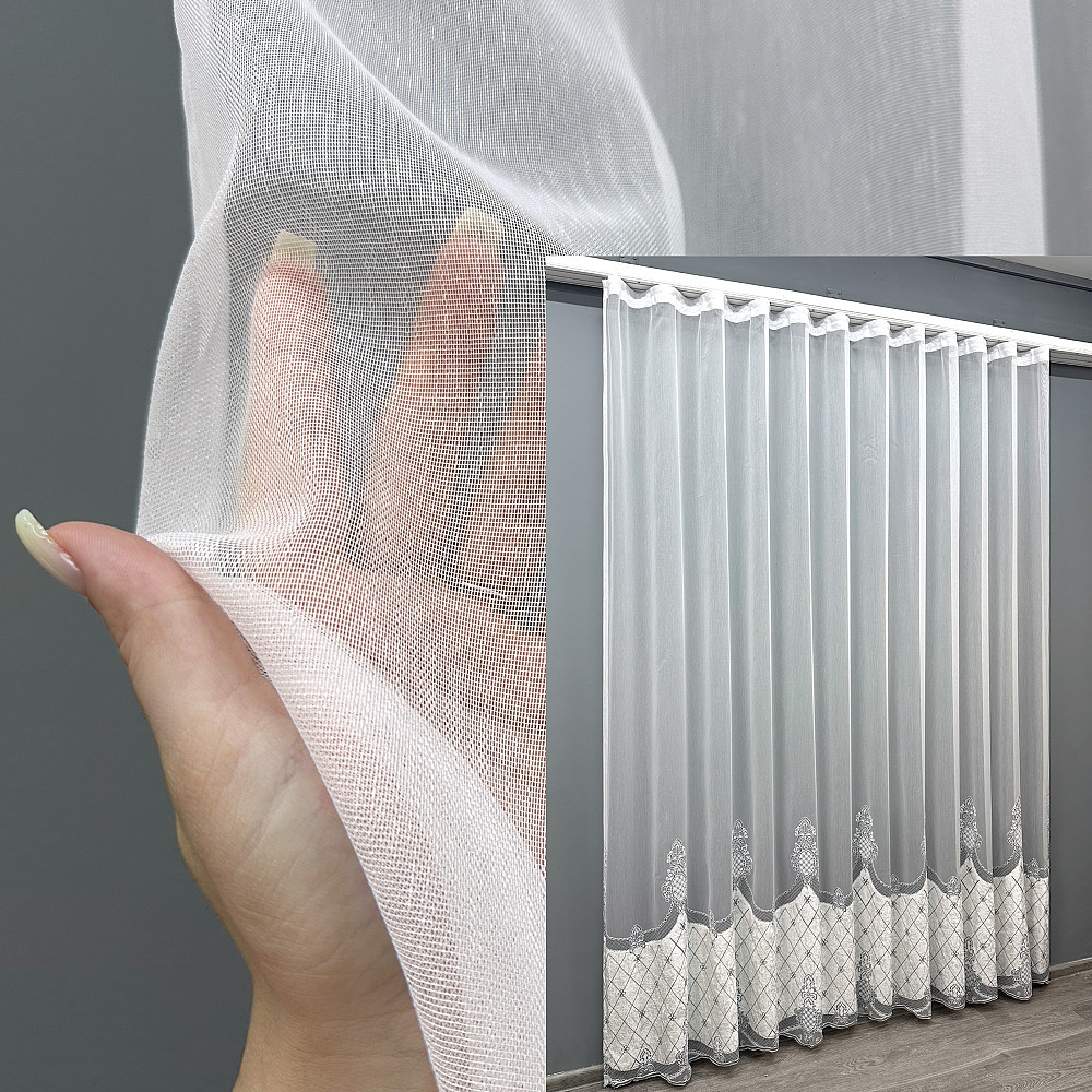 Тюль бамбук с вышивкой и бархатом цвет белый с серым 1811т Киев - изображение 1