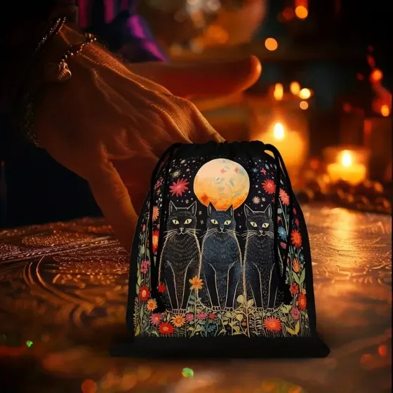 Мішечок для Таро, рун і кристалів «Три чорні коти та місяць» – містичний окультний аксесуар Київ