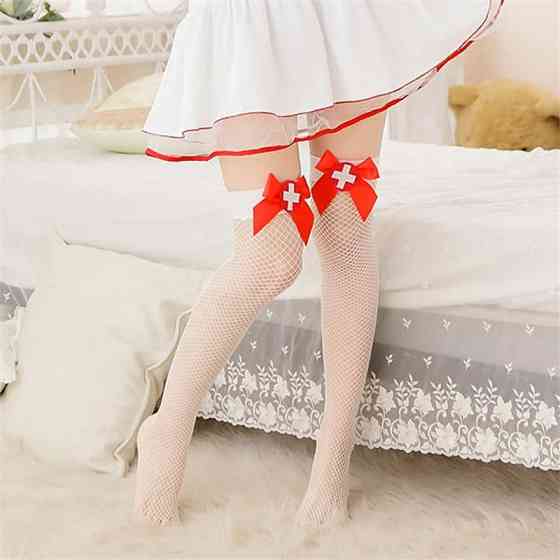 Жіночі панчохи в сітку з бантиком та хрестом one size біло-червоний Київ