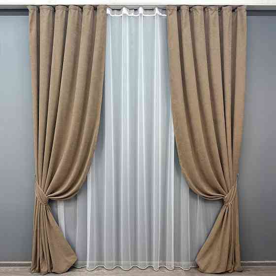Комплект штор VR-Textil Мікровелюр Petek 200х270 2шт і Тюль 600х270 1701ш-1153т Капучино з білим 71-055/7 Київ