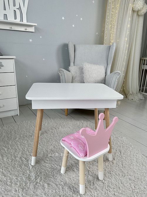 Дитячий столик білий і стільчик корона рожева. Столик із нішею для олівців і розмальовок Київ - фото 7