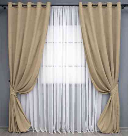 Комплект штор на люверсах VR-Textil Мікровелюр Petek YL № 1800ш Бежевий 150х270 см 2 шт (37-0266) Київ