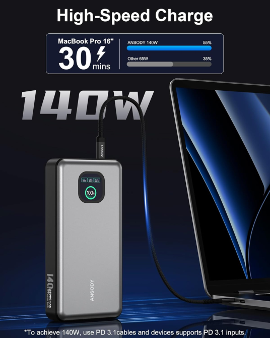 Power Bank Ansody 140W 25000mAh PD 3.1: Швидка зарядка для MacBook, iPhone 16/17 та Steam Deck, Smart-дисплей, Сріблястий Уцінка Київ - фото 3