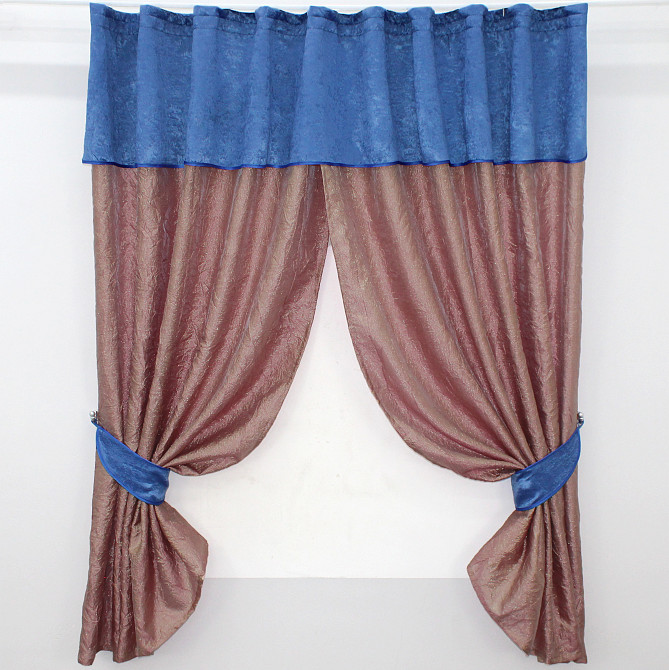 Кухонные шторы VR-Textil № 073к с ламбрекеном и подхватами розово-золотистый с синим 260х170 см (52-0379) Киев - изображение 1