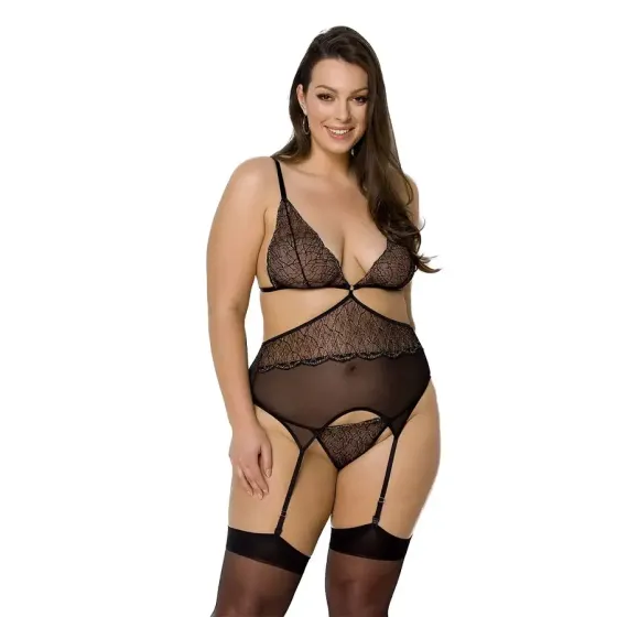 Корсет із пажами Passion AMBERLY CORSET 4XL/5XL, black, асиметричний крій, мережива, стрінги Львів