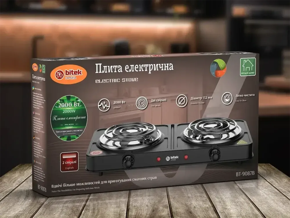 Електроплита настільна BITEK BT-9087B на 2 спіралі 2000Вт, чорна, механічне керування Одеса - фото 1
