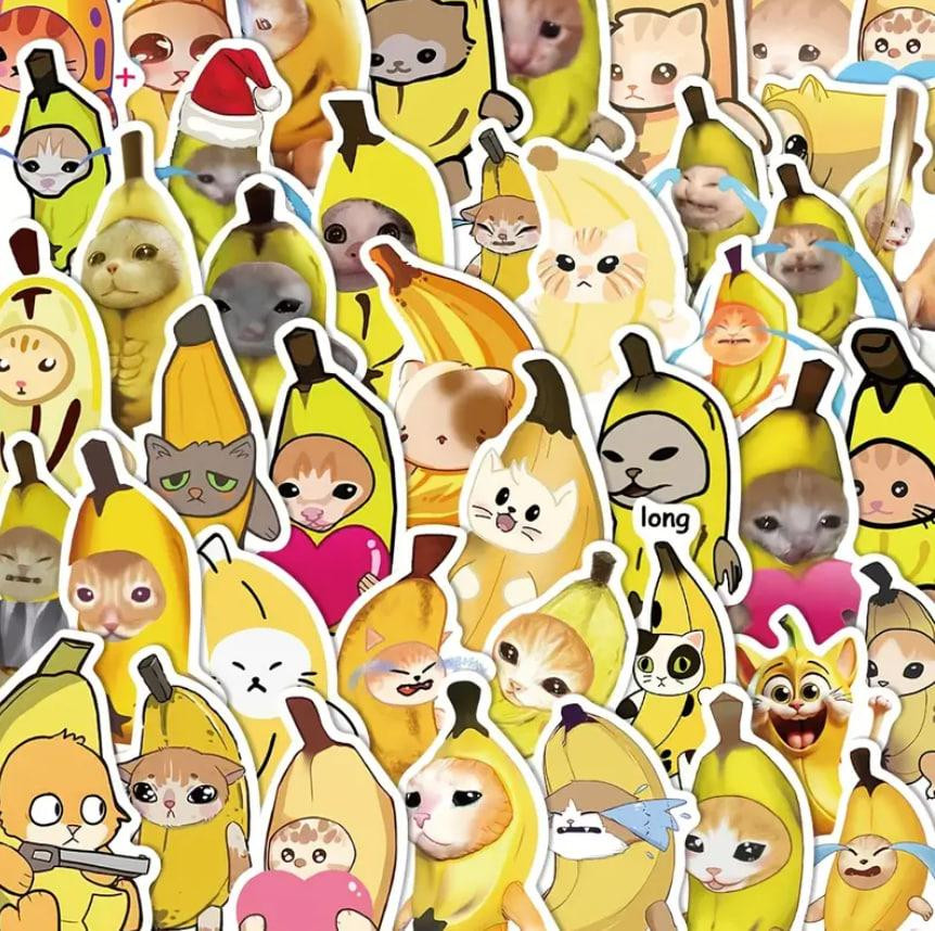 Стікери меми "Кіт Банан". Стікерпак з котами, вінілові естетичні наклейки набір 50 штук. Київ - фото 1