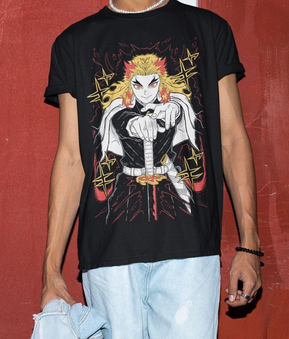 Футболка для хлопчика з аніме принтом Кйоджуро Ренгоку Слайер Демон оверсайз (зріст від 165 до 180) Чорний AnimeJ0817m Дніпро - фото 5