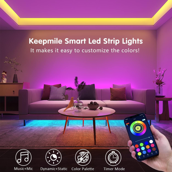 Світлодіодна стрічка Keepsmile 30 м (2×15 м), RGB, Bluetooth, керування через застосунок і пульт, синхронізація з музикою, таймер Київ