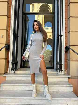 Женское стильное романтическое миди-платье с разрезом ангора рубчик (лео трикотаж рубчик) Серый 46/48 Одесса