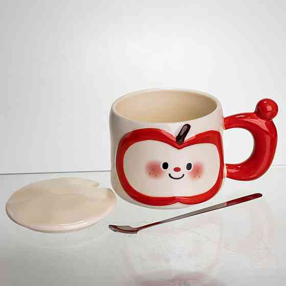 Чашка порцелянова 400 (мл) з кришкою та ложкою, оригінальна кружка на подарунок чашка для дітей Червоний FM-25B Коломия