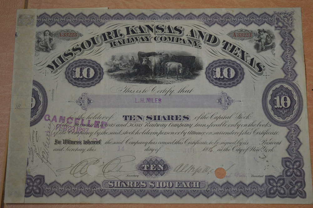 Акция. .Missouri Kasas and Texas Railway Company. США. 1886 год №33223 (1.13) Полтава - изображение 1