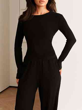 Женский базовый костюм двойка: лонгслив и штаны вискоза Черный, 48/50 Одесса