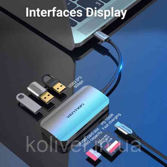 Хаб USB 3.1 Type-C -> 3хUSB 3.0/SD/TF/PD 100W 6-in-1 Vention (TNHHB) Київ