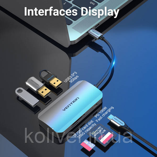Хаб USB 3.1 Type-C -> 3хUSB 3.0/SD/TF/PD 100W 6-in-1 Vention (TNHHB) Київ - фото 3