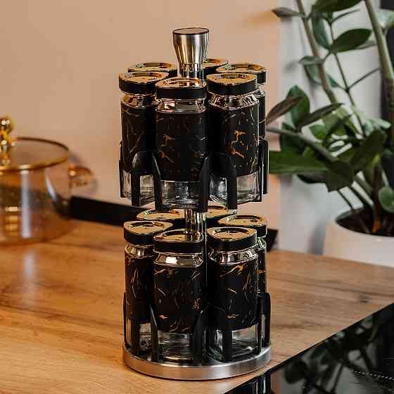 Набір для спецій на підставці 12 баночок по 120 мл, чорний мармур HP1356 Київ