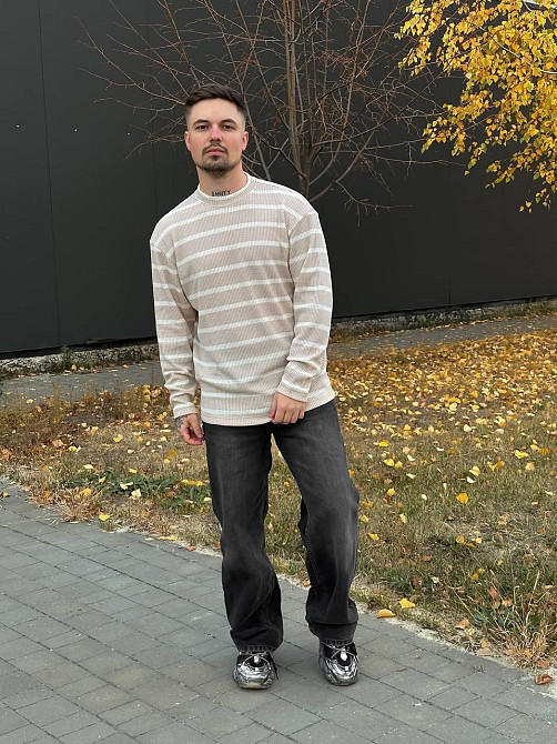 Светр чоловічий в'язаний оверсайз у смужку зебра теплий бежевий Одеса - фото 3
