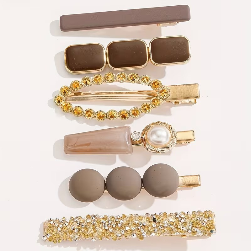 Набор заколок для волос 6 шт для женщин,бижутерия золотистые зажим заколки для причесок с стразами и жемчугом женские Каменец-Подольский - изображение 2