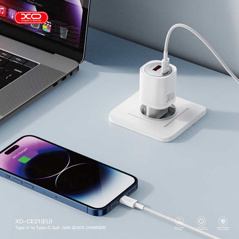 Мережевий зарядний пристрій XO CE21 PD30W/PPS33W 1USB-A+1USB-C + Lightning кабель білий Львів - фото 4