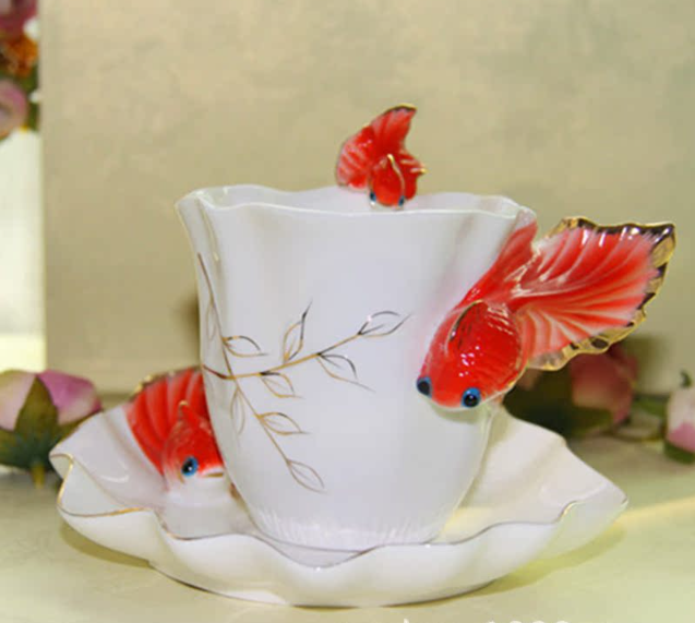 Чайная пара Чашка 200 мл с блюдцем и ложечкой Золотая рыбка костяной фарфор Кременчуг - изображение 5